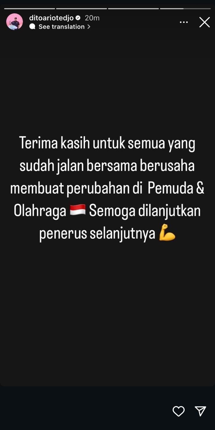 Unggahan Instagram Story Menpora, Dito Ariotedjo.