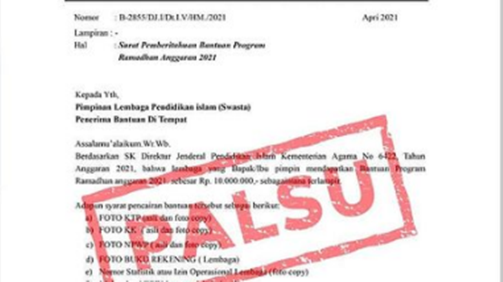 [HOAKS atau FAKTA]: Kemenag Beri Bantuan Rp10 Juta ke Sekolah Islam