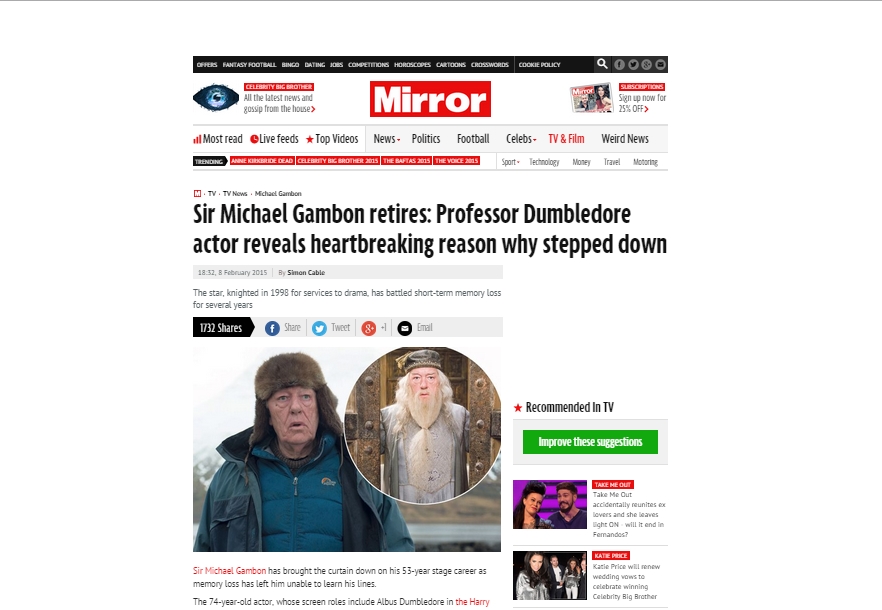 Mulai Pikun, Pemeran Profesor Dumbledore Keluar dari Dunia Perfilman