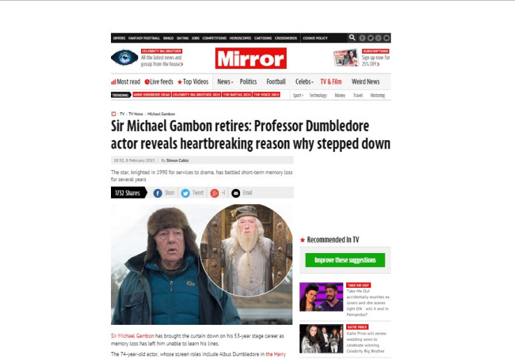 Mulai Pikun, Pemeran Profesor Dumbledore Keluar dari Dunia Perfilman