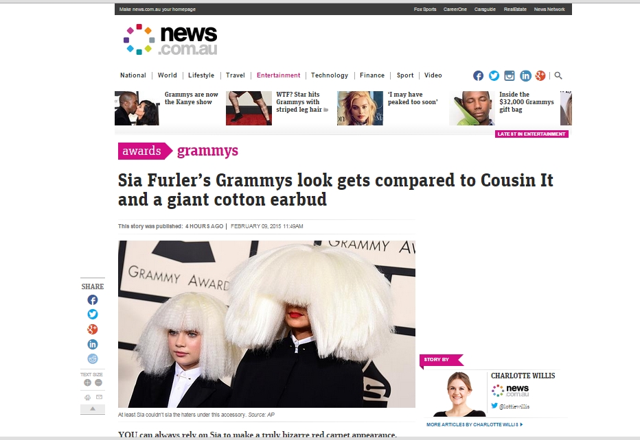 Sia Tampil seperti Jamur di Grammy Awards 2015