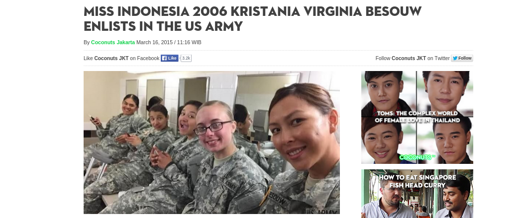 Mantan Miss Indonesia Jadi Tentara Amerika