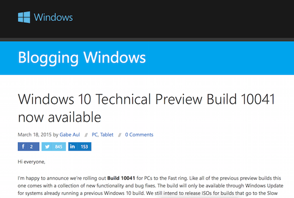 Microsoft Rilis Windows 10 Technical Preview Build 10041
