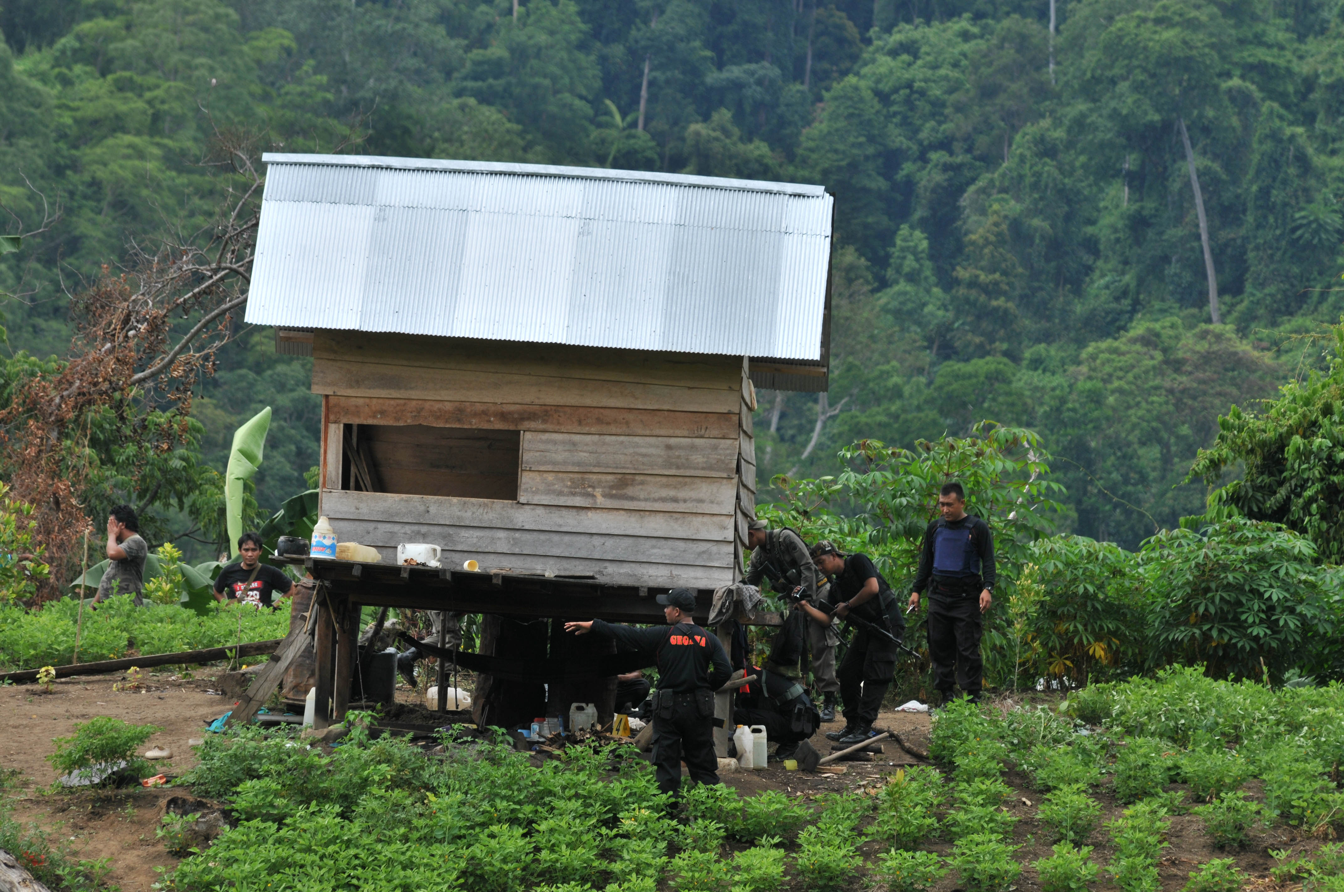 Sejumlah anggota Gegana Brimob Polda Sulteng melakukan olah TKP kontak senjata antara kelompok teroris Santoso dan aparat kemanan di Pegunungan Salum Pangi, Pairgi, (Antara Foto)