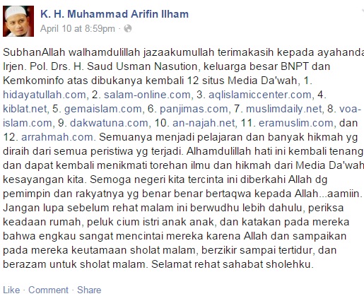 12 Situs Islam Radikal Dibuka, Arifin Ilham Puji BNPT