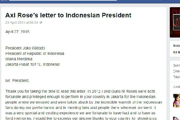 Surat Terbuka Axl Rose untuk Presiden Jokowi