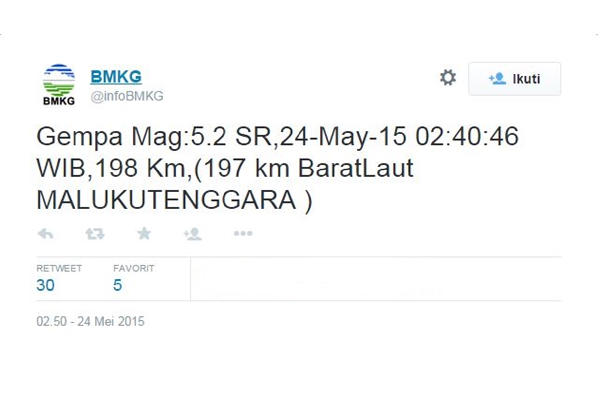 Gempa Berkekuatan 5,2 SR Guncang Maluku Tenggara