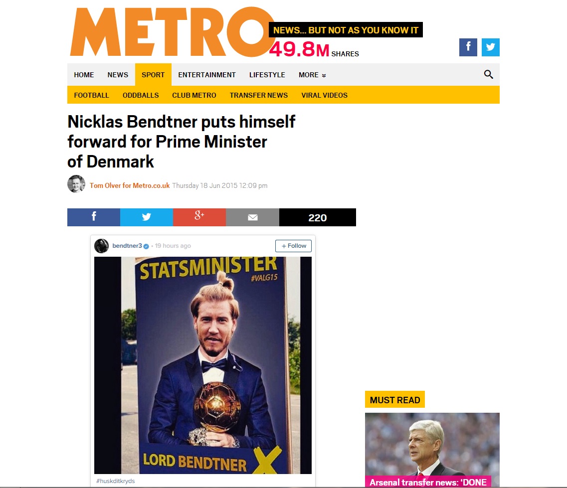 Nicklas Bendtner Calonkan Diri Jadi Perdana Menteri Denmark