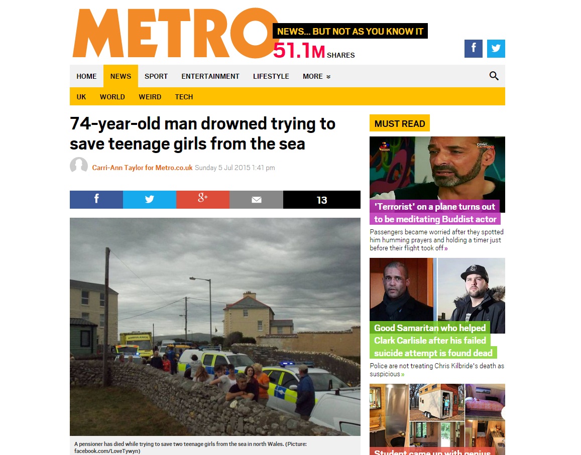 Seorang Kakek Meninggal Saat Menolong Gadis yang Tenggelam di Laut