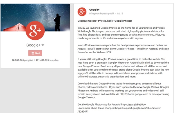 Layanan Google+ Photo Resmi Ditutup