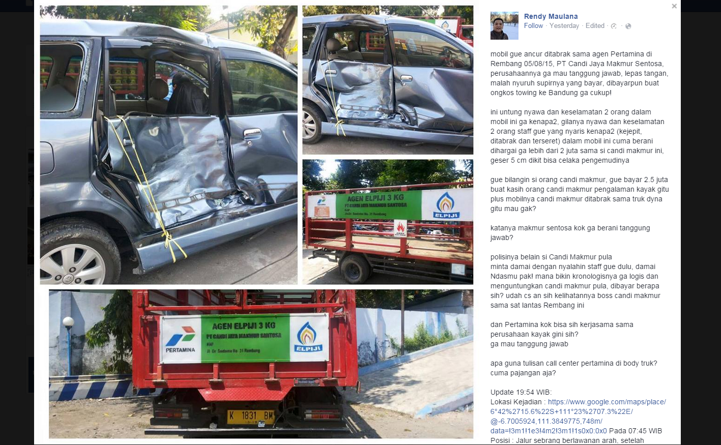 Pria Ini Ngamuk di Facebook Mobilnya Ditabrak Truk Pertamina