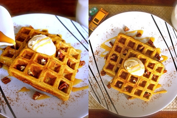 Waffle Labu Kuning dengan Kacang Pecan dan Madu