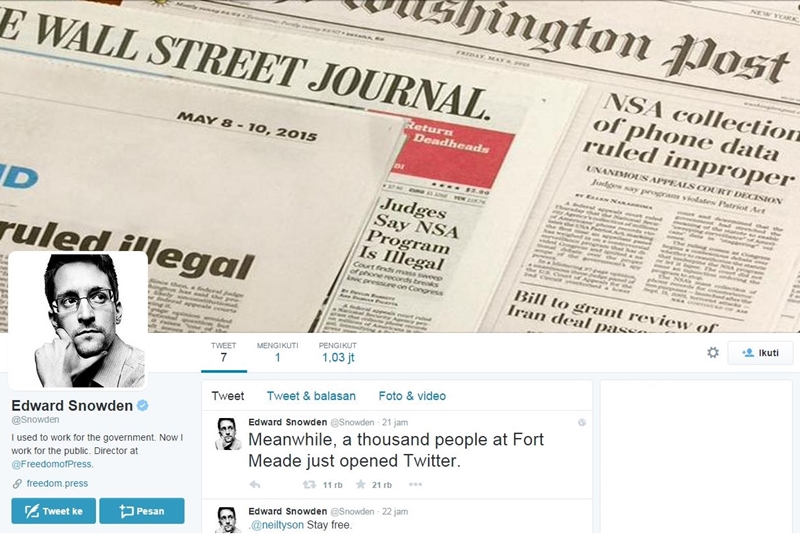 Buat Akun Twitter, Edward Snowden Raup 1 Juta Followers