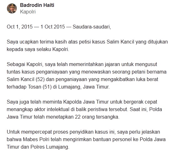 Kapolri Tanggapi Petisi Salim Kancil