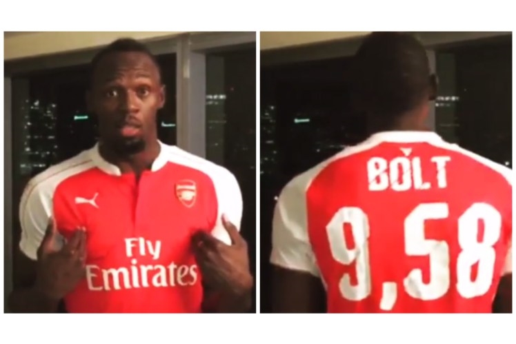 Usain Bolt Kenakan Jersey Arsenal Usai Kalah Taruhan