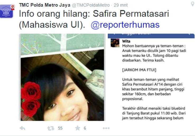 Kabar Hilangnya Mahasiswi UI Masuk Akun Twitter TMC Polda Metro