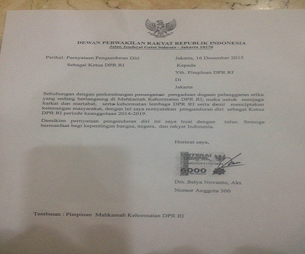 Berikut Isi Surat Pengunduran Diri Setya Novanto