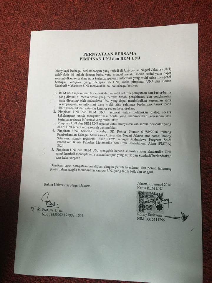 Ini Hasil Rekonsiliasi Rektorat dan BEM UNJ