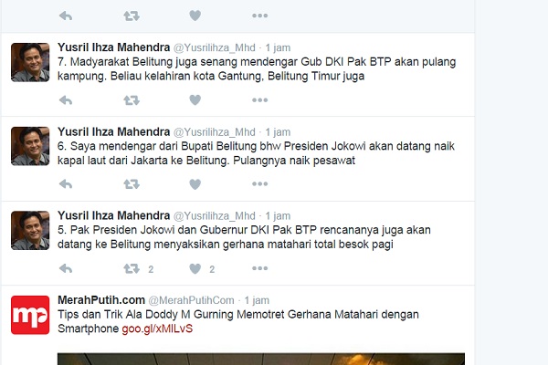 Yusril dan Ahok Bertemu di Belitung Saksikan Gerhana Matahari?