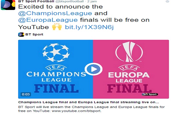 Asyik, Laga Final Liga Champions dan Liga Europa Disiarkan Lewat Youtube