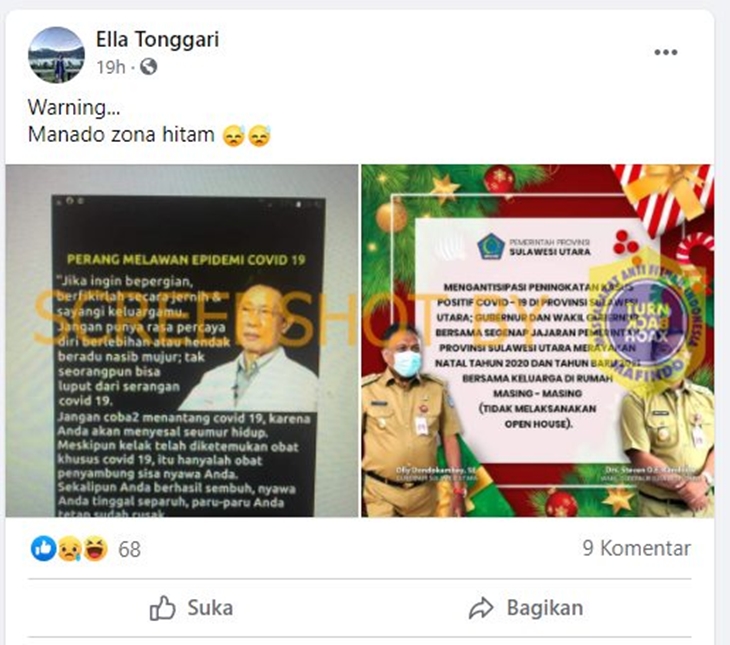 Tangkapan layar WhatsApp soal Kota Manado zona hitam COVID-19. (Foto: MP/turnbackhoax.id)