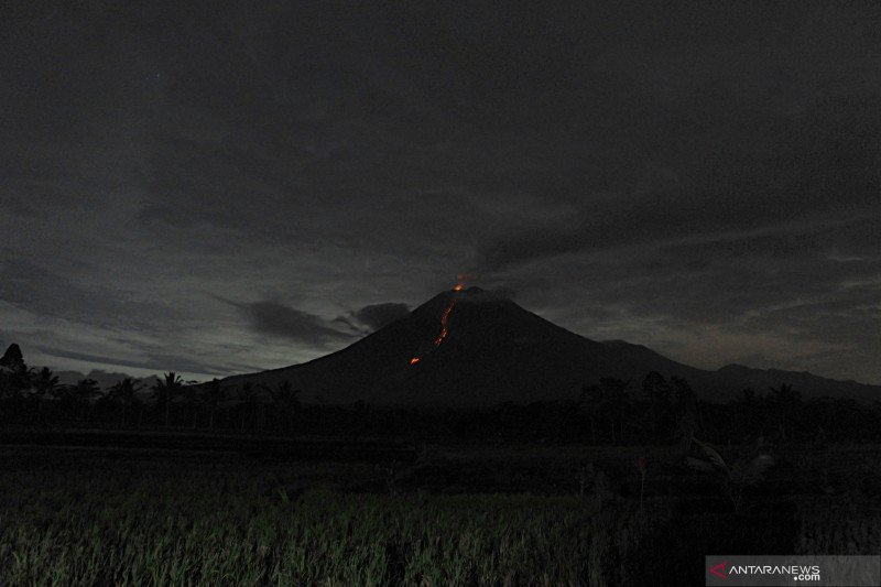 Guguran lava pijar Gunung Semeru terlihat dari Desa Sumber Mujur, Candipuro, Lumajang, Jawa Timur, Minggu (17/1/2021). (ANTARA FOTO/SENO)