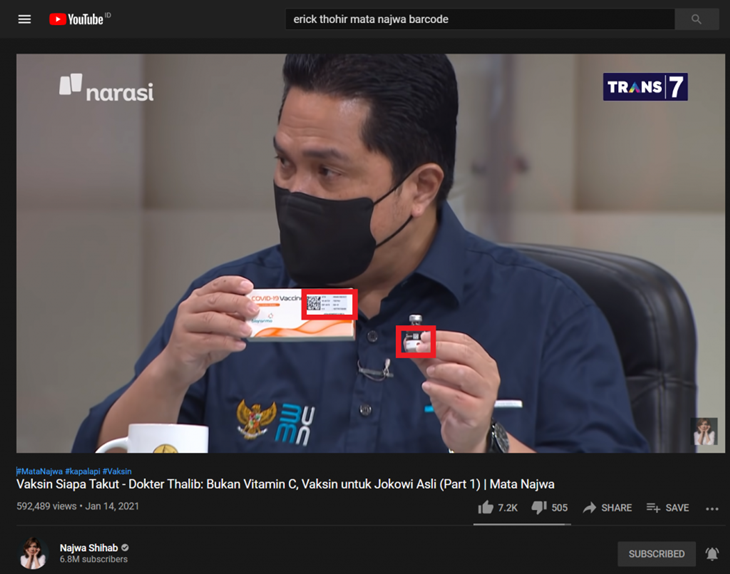 Tangkapan layar video Mata Najwa soal Menteri BUMN Erick Thohir menunjukkan barcode pada vaksin COVID-19. (Foto: MP/Turnbackhoax.id)