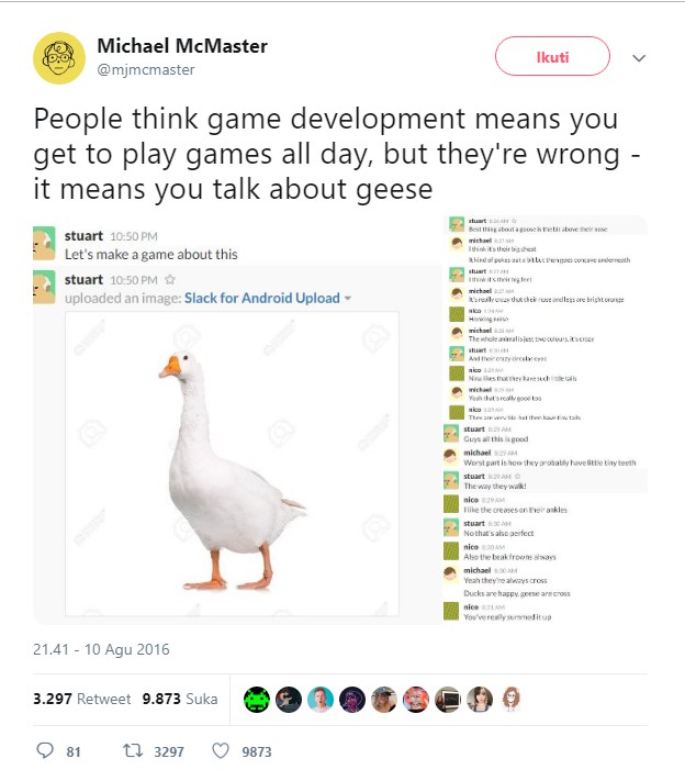 Awal mula ide dibuatnya game 'Untitled Goose Game' (Foto: Twitter/mjmcmaster)