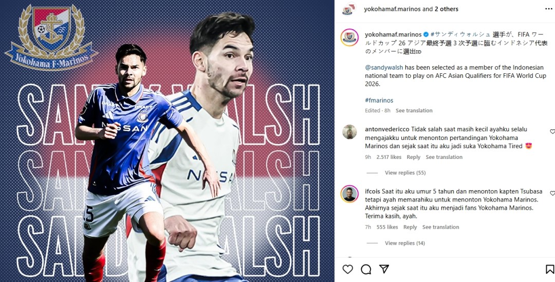 Yokohama F. Marinos Ikut Umumkan Bergabungnya Sandy Walsh ke Timnas Indonesia, Laga Terbarunya Catat Umpan Gol!