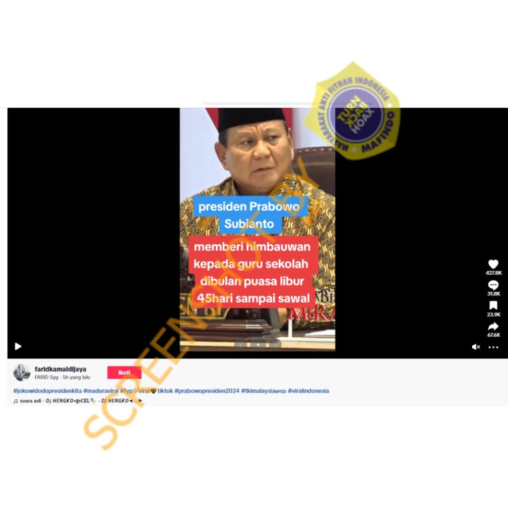[HOAKS atau FAKTA]: Prabowo Putuskan Libur Ramadan 45 Hari