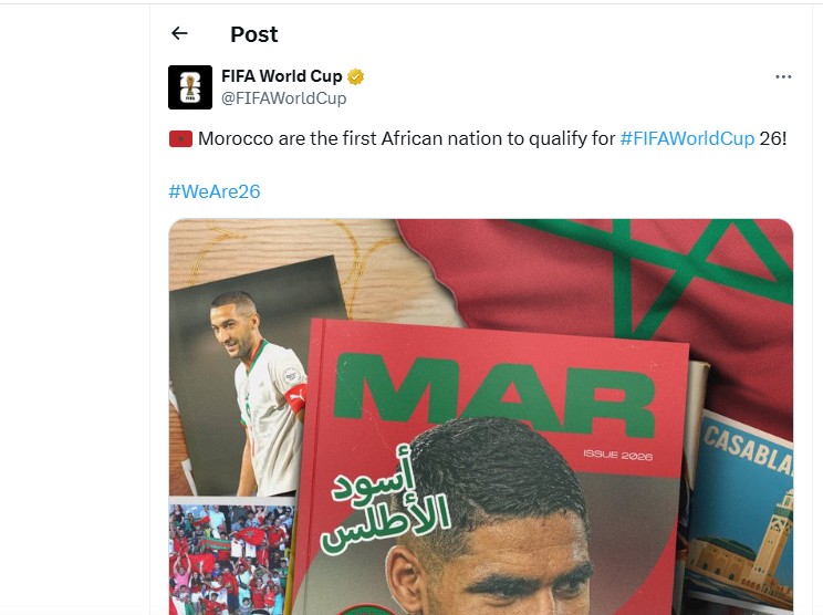Maroko Jadi Negara Pertama Dari Afrika Lolos Piala Dunia 2026, Tampil Buat ke-7 Kali