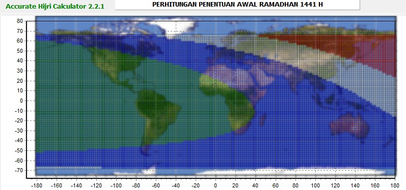 Garis tanggal Ramadhan 1441 berdasarkan kriteria Wujudul Hilal (antara arsir merah dan putih), ketinggian bulan 2 derajat (antara arsir putih dan biru), dan kriteria Odeh (antara arsir biru dan hijau).