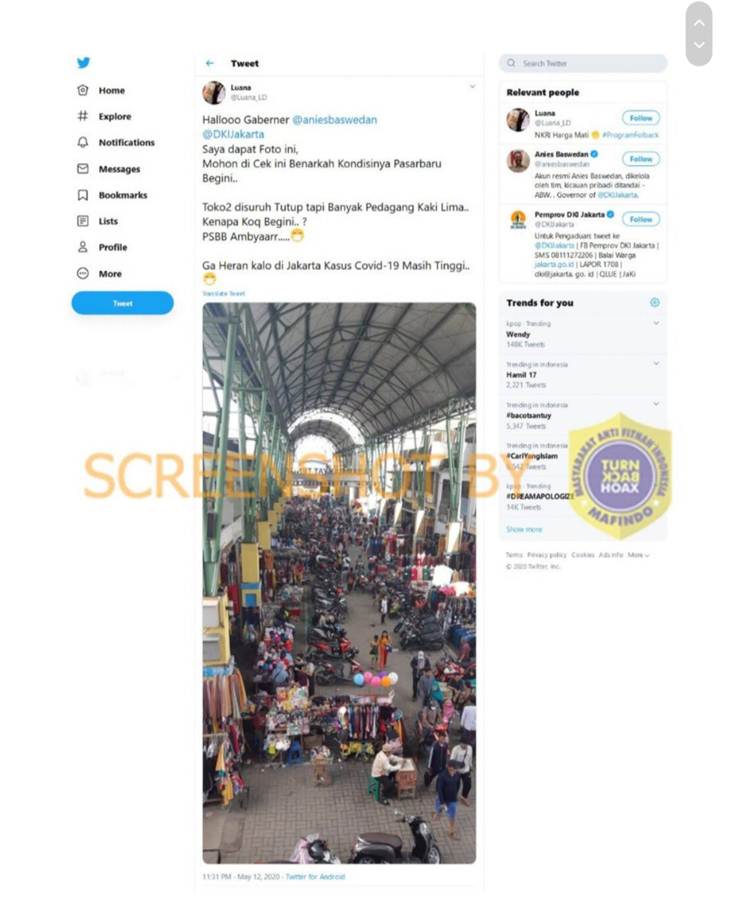 Tangkapan layar hoaks pasar ramai saat PSBB di Jakarta. (Foto: MP/turnbackhoax.id)