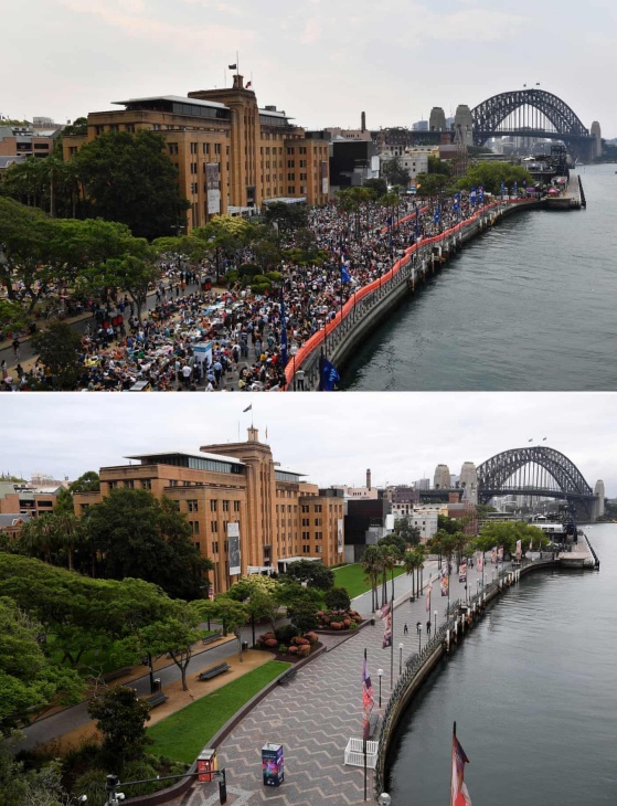 Circular Quay, Sydney New Year's eve 2019 vs. 2020. Dan Himbrechts/Dean Lewins/EPA