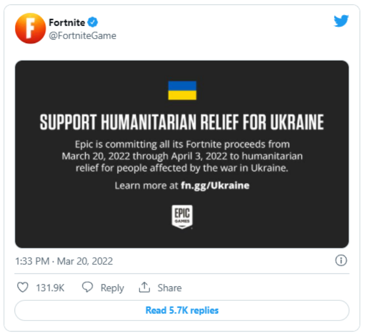 Epic Games Donasi 2 Minggu Penghasilan 'Fortnite' untuk Ukraina