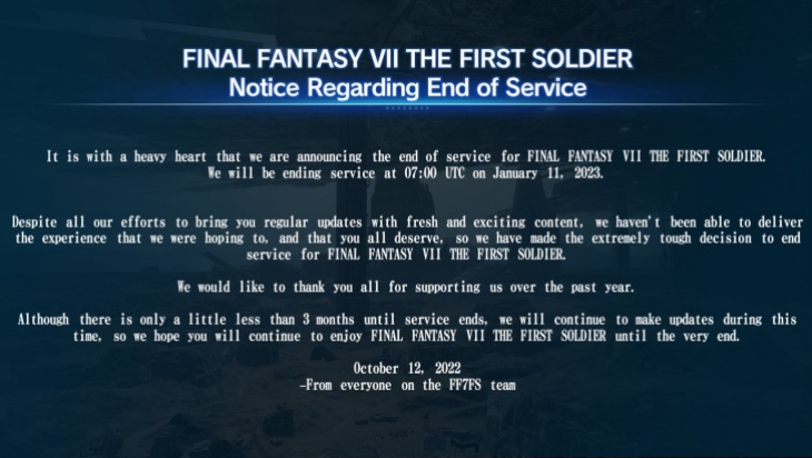'Final Fantasy VII: The First Soldier' Tutup Layanan Januari 2023