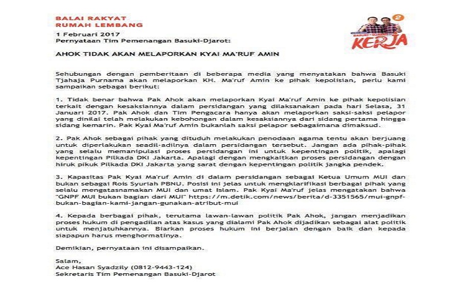 Klarifikasi Tim Kuasa Hukum Ahok