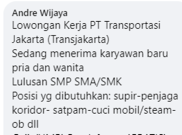 [HOAKS atau FAKTA]: TransJakarta Buka Lowongan Berbagai Posisi