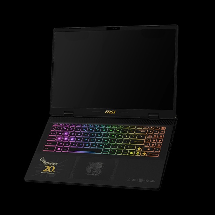 Laptop dengan ikon Rathalos di bagian mousepad serta logo Monster Hunter di bagian kiri bawah keyboard. (Foto: MSI, Capcom)