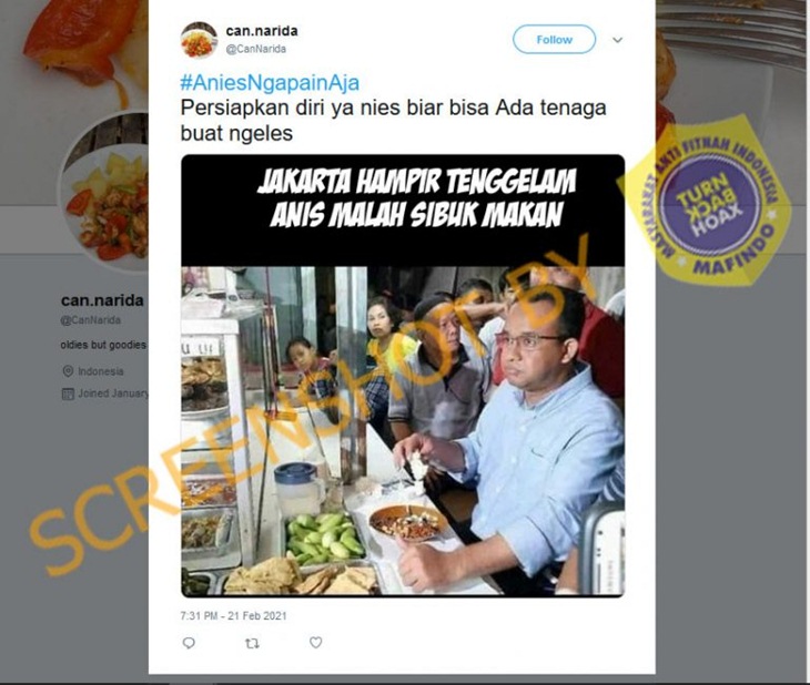 Tangkapan layar Twitter soal hoax Anies Baswedan makan di warteg saat Jakarta tenggelam oleh banjir. (Foto: MP/Turnbackhoax.id)