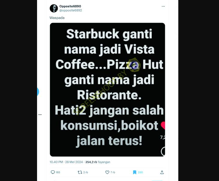 [HOAKS atau FAKTA]: Akibat Boikot Produk Israel, Starbucks dan Pizza HUT Ganti Nama