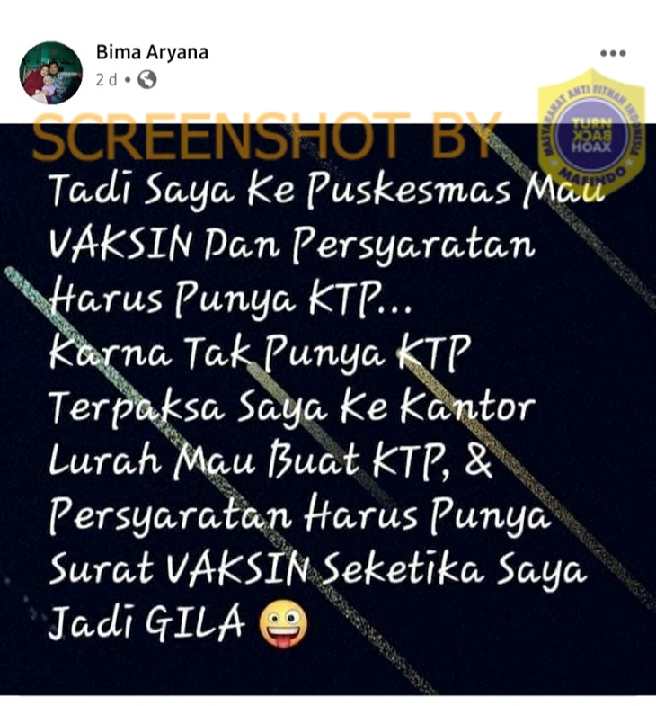 Tangkapan layar Facebook soal hoaks syarat bikin KTP pakai surat vaksin. (Foto: MP/Turnbackhoax.id)
