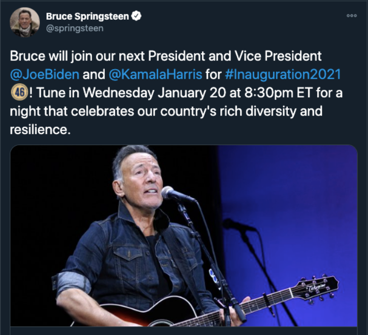 Bruce Springstein, John Legend, dan Foo Fighters Meriahkan Pelantikan Joe Biden