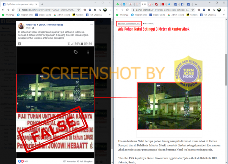  Tangkapan layar Facebook tentang pohon natal di Istana Negara. (Foto: MP/turnbackhoax.id)
