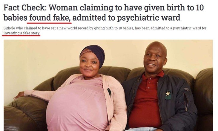 Tangkapan layar soal pemberitaan hoaks wanita di Afrika Selatan melahirkan 10 bayi sekaligu. (Foto: MP/Turnbackhoax.id)