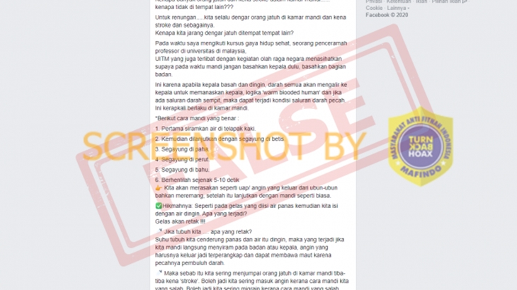 [HOAKS atau FAKTA]: Basahi Kepala Terlebih Dahulu saat Mandi Bikin Strok