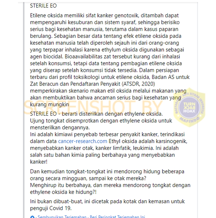 Tangkapan layar soal hoaks alat pembersih rapid test sebabkan penyakit kanker. (Foto: MP/Turnbackhoax.id)