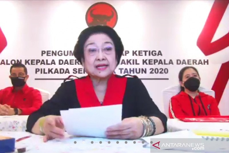 Tangkapan layar Ketua Umum PDI Perjuangan Megawati Soekarnoputri saat memberikan arahan pada pengumuman 75 pasangan calon kepala daerah di Pilkada serentak secara virtual, di Jakarta, Selasa (11/8/2020). (ANTARA/Syaiful Hakim)
