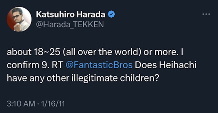 Konfirmasi dari kreator Tekken Katsuhiro Harada tentang anak kandung dari Heihachi Mishima. (Foto: X/@Harada_TEKKEN)
