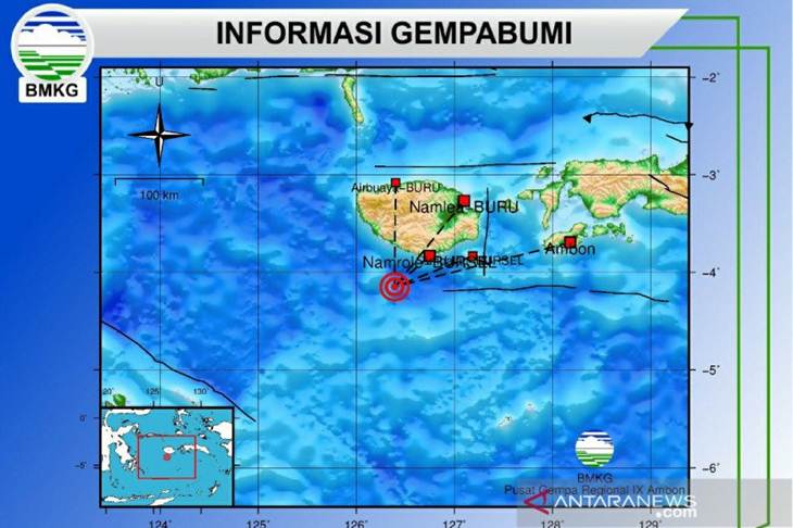 Peta analisis BMKG terkait gempa magnitudo 6,0 di Pulau Buru, Maluku pada Selasa (9/6/2020) (ANTARA/HO.BMKG)